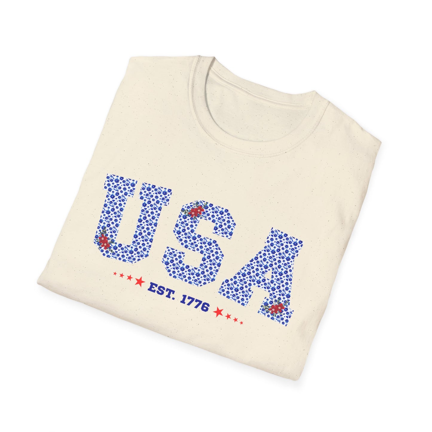 USA Est. 1776 Red, White, Blue Floral Graphic T-Shirt - Patriotic Casual Tee for Fourth of July