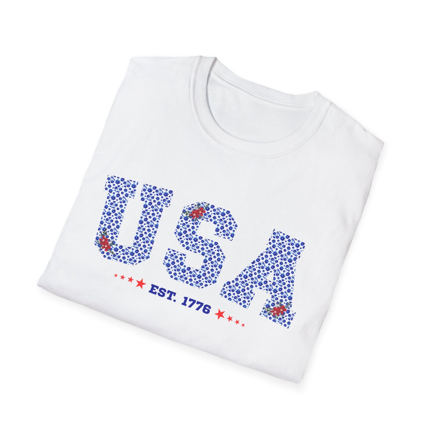 USA Est. 1776 Red, White, Blue Floral Graphic T-Shirt - Patriotic Casual Tee for Fourth of July