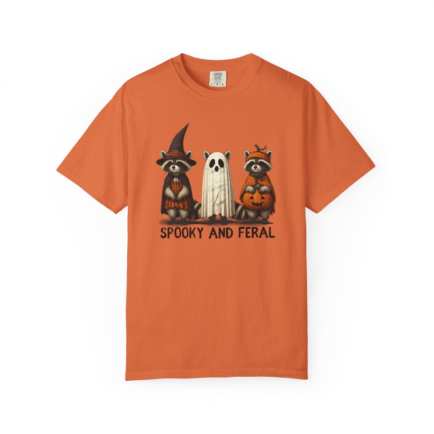 Whimsical Halloween Raccoons T-Shirt – Garment-Dyed Unisex Tee with Witch, Ghost & Pumpkin Design