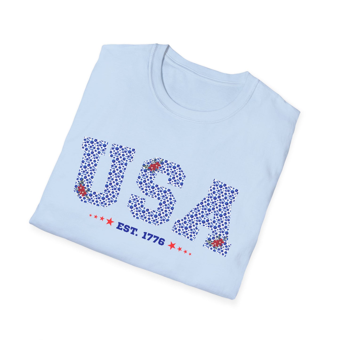 USA Est. 1776 Red, White, Blue Floral Graphic T-Shirt - Patriotic Casual Tee for Fourth of July