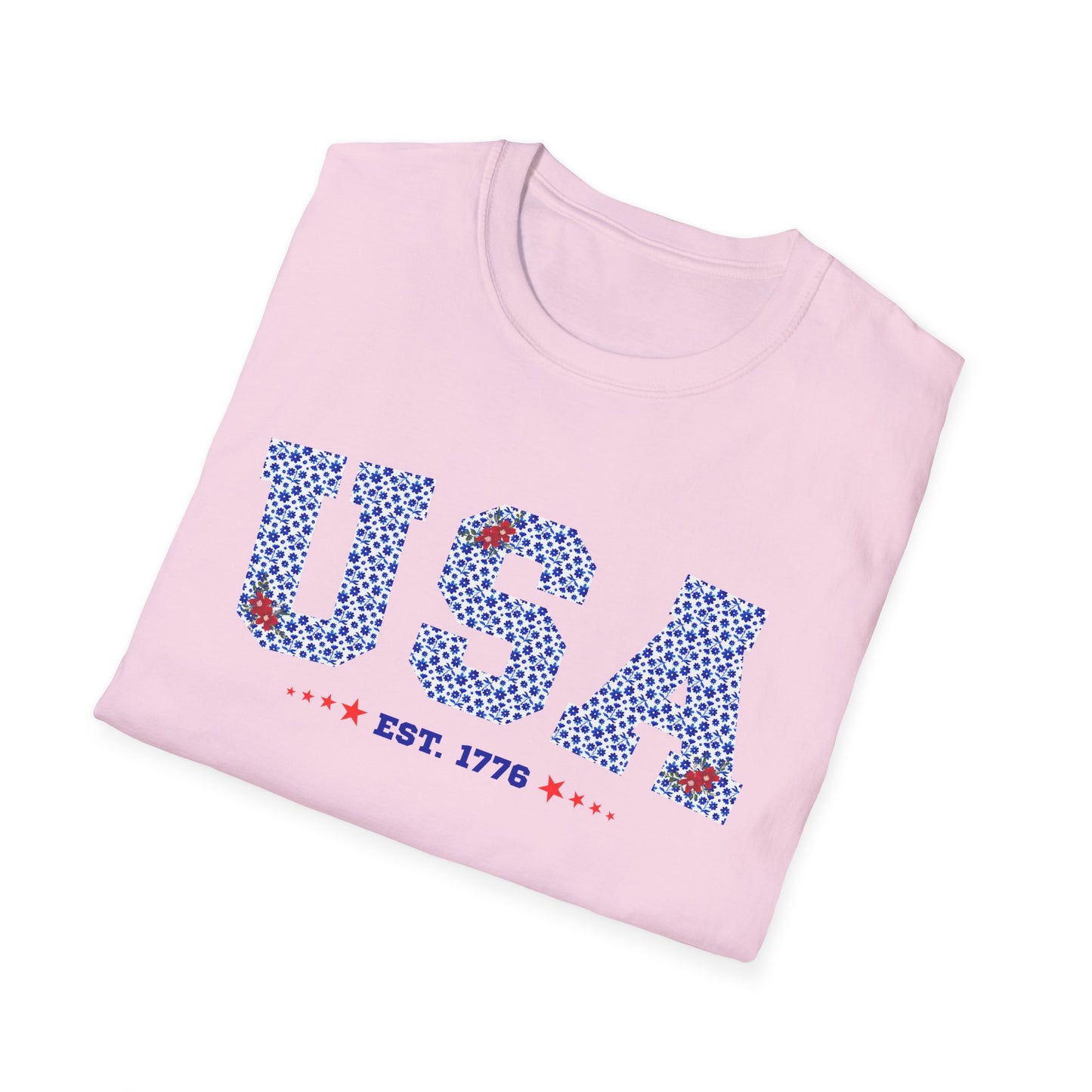 USA Est. 1776 Red, White, Blue Floral Graphic T-Shirt - Patriotic Casual Tee for Fourth of July