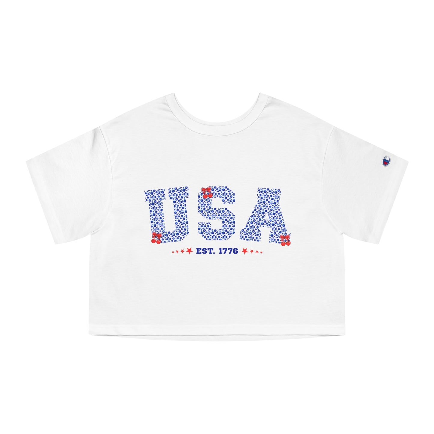 USA Cherries & Bows Cropped T-Shirt – Fun Patriotic Gift for Women