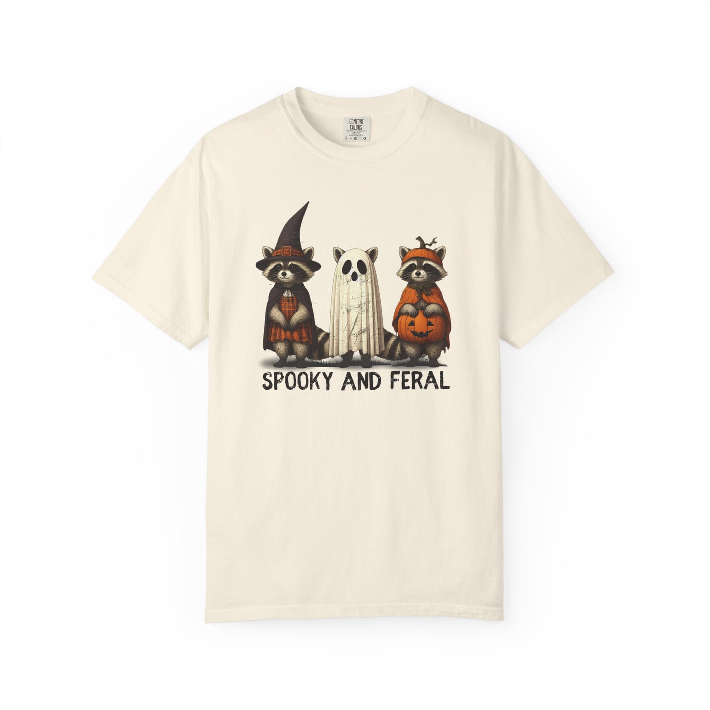 Whimsical Halloween Raccoons T-Shirt – Garment-Dyed Unisex Tee with Witch, Ghost & Pumpkin Design