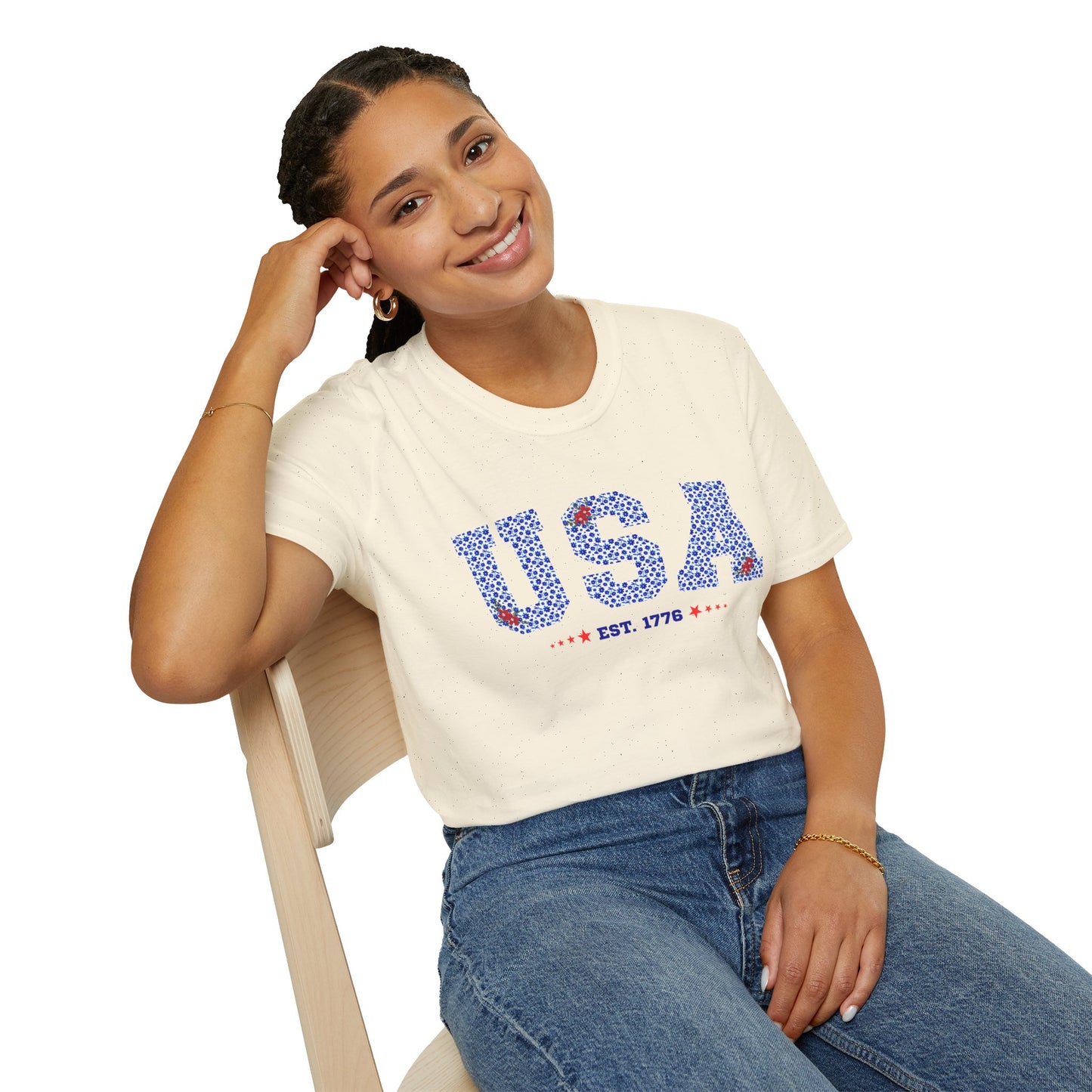 USA Est. 1776 Red, White, Blue Floral Graphic T-Shirt - Patriotic Casual Tee for Fourth of July