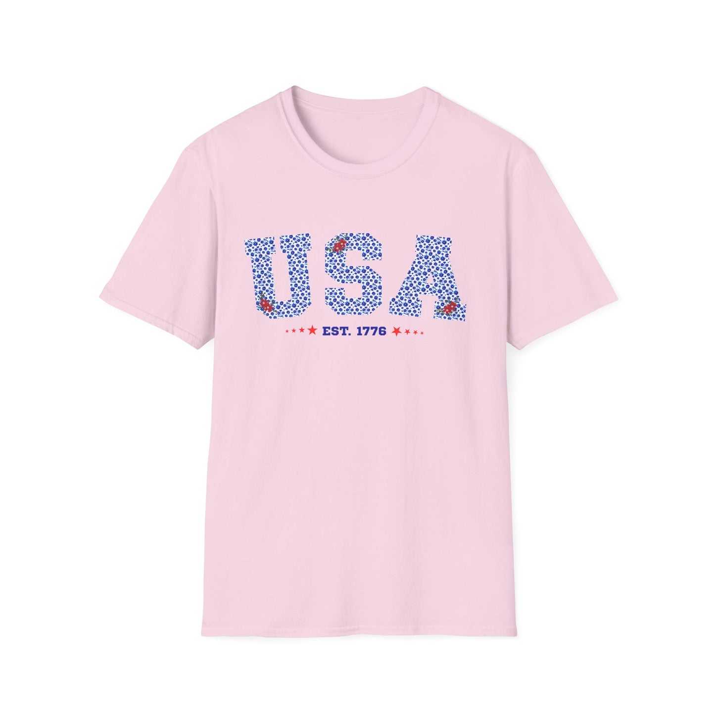 USA Est. 1776 Red, White, Blue Floral Graphic T-Shirt - Patriotic Casual Tee for Fourth of July