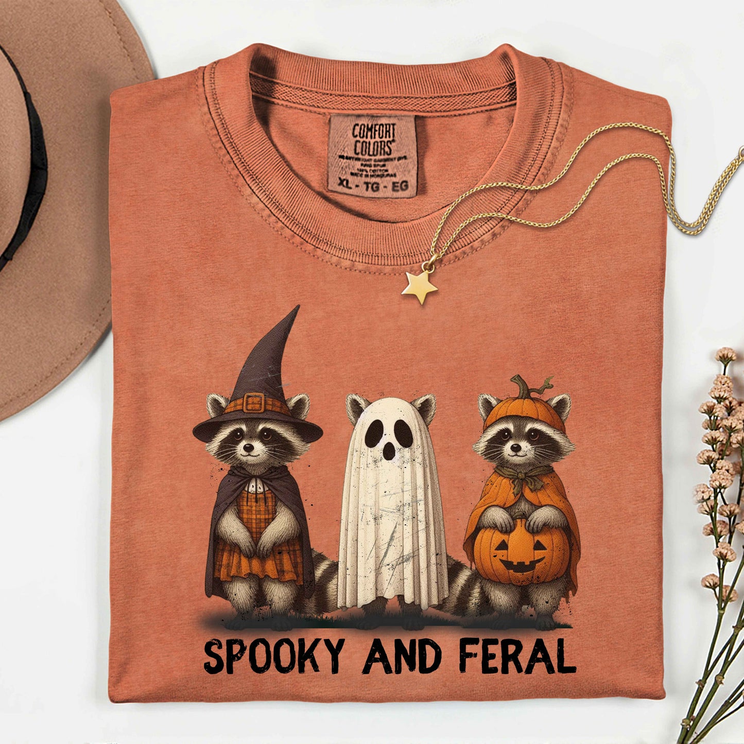 Whimsical Halloween Raccoons T-Shirt – Garment-Dyed Unisex Tee with Witch, Ghost & Pumpkin Design