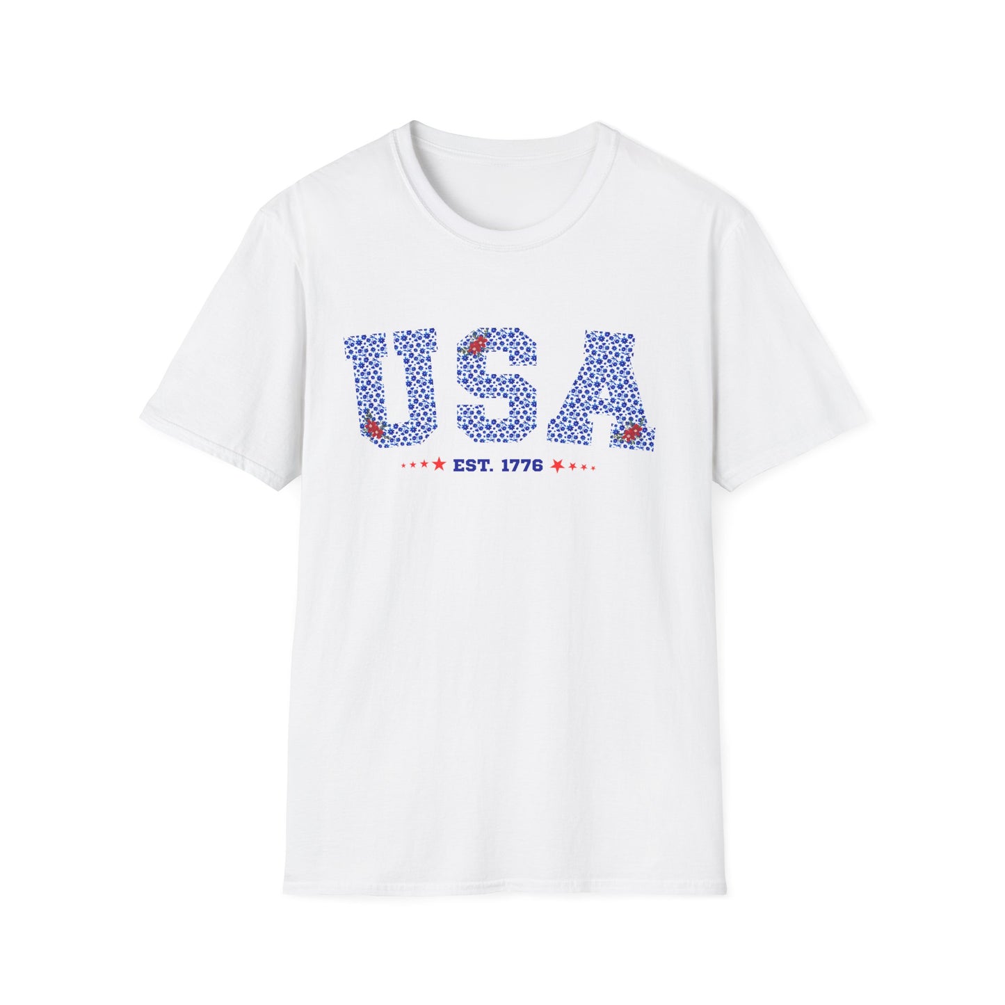 USA Est. 1776 Red, White, Blue Floral Graphic T-Shirt - Patriotic Casual Tee for Fourth of July