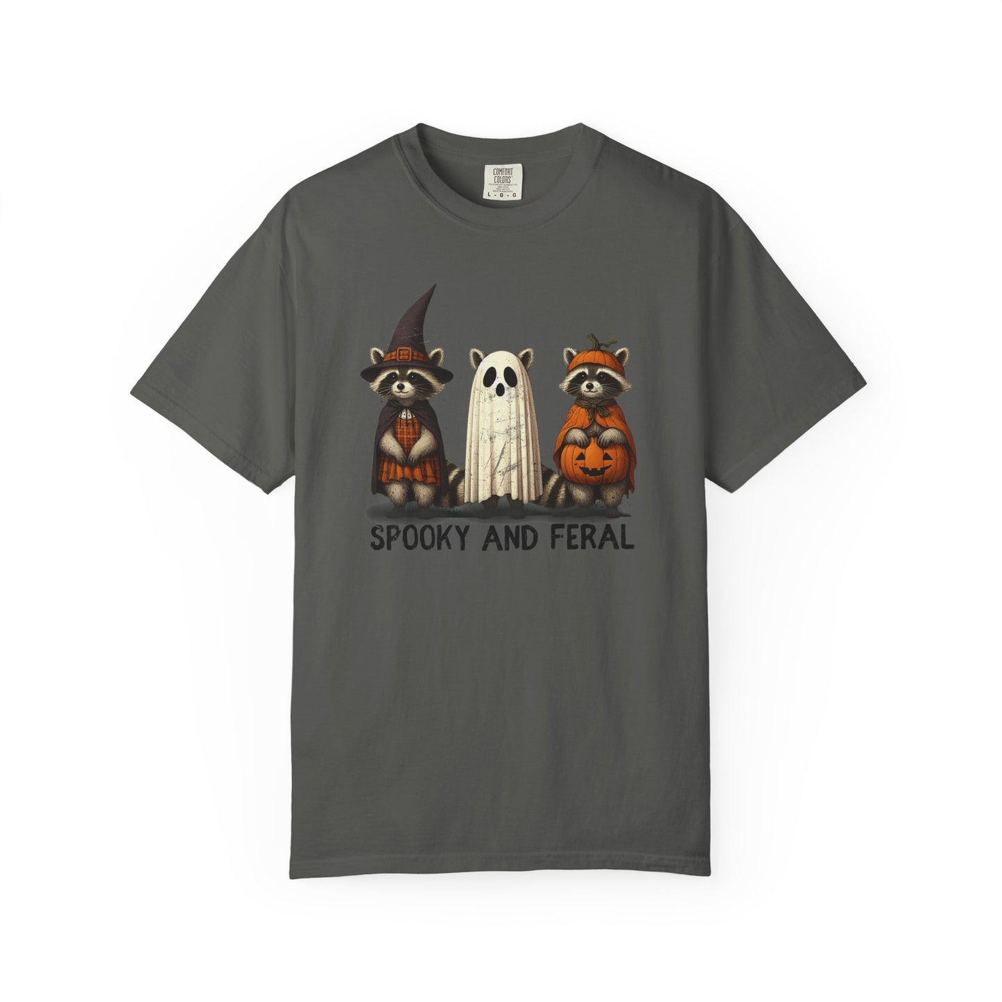 Whimsical Halloween Raccoons T-Shirt – Garment-Dyed Unisex Tee with Witch, Ghost & Pumpkin Design