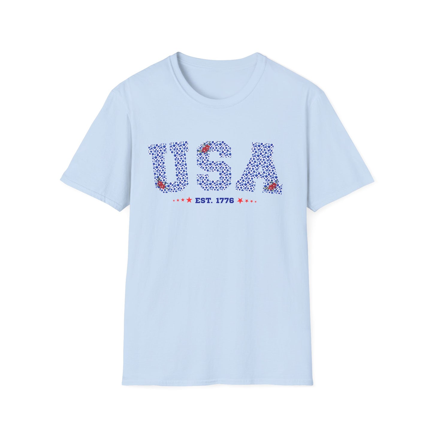 USA Est. 1776 Red, White, Blue Floral Graphic T-Shirt - Patriotic Casual Tee for Fourth of July