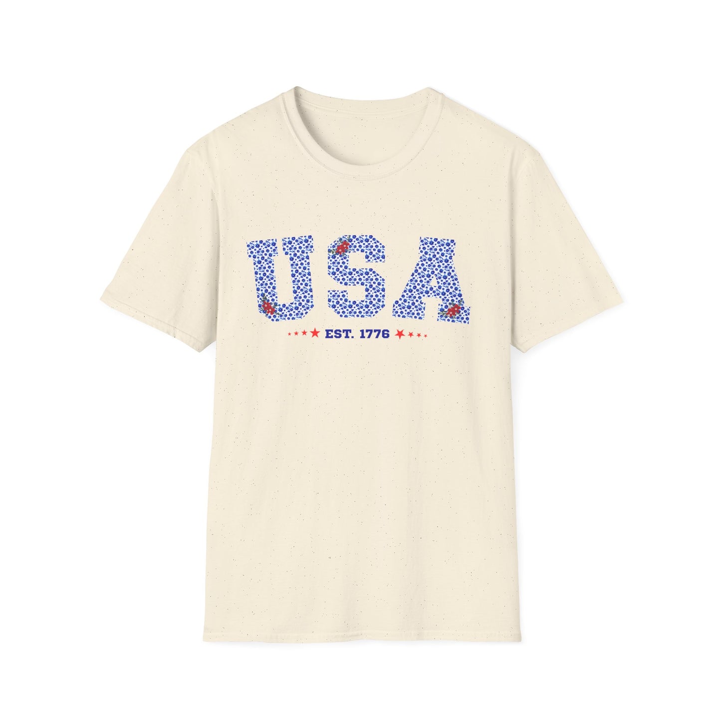 USA Est. 1776 Red, White, Blue Floral Graphic T-Shirt - Patriotic Casual Tee for Fourth of July