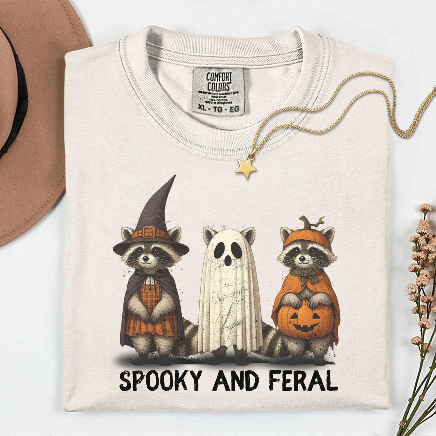 Whimsical Halloween Raccoons T-Shirt – Garment-Dyed Unisex Tee with Witch, Ghost & Pumpkin Design