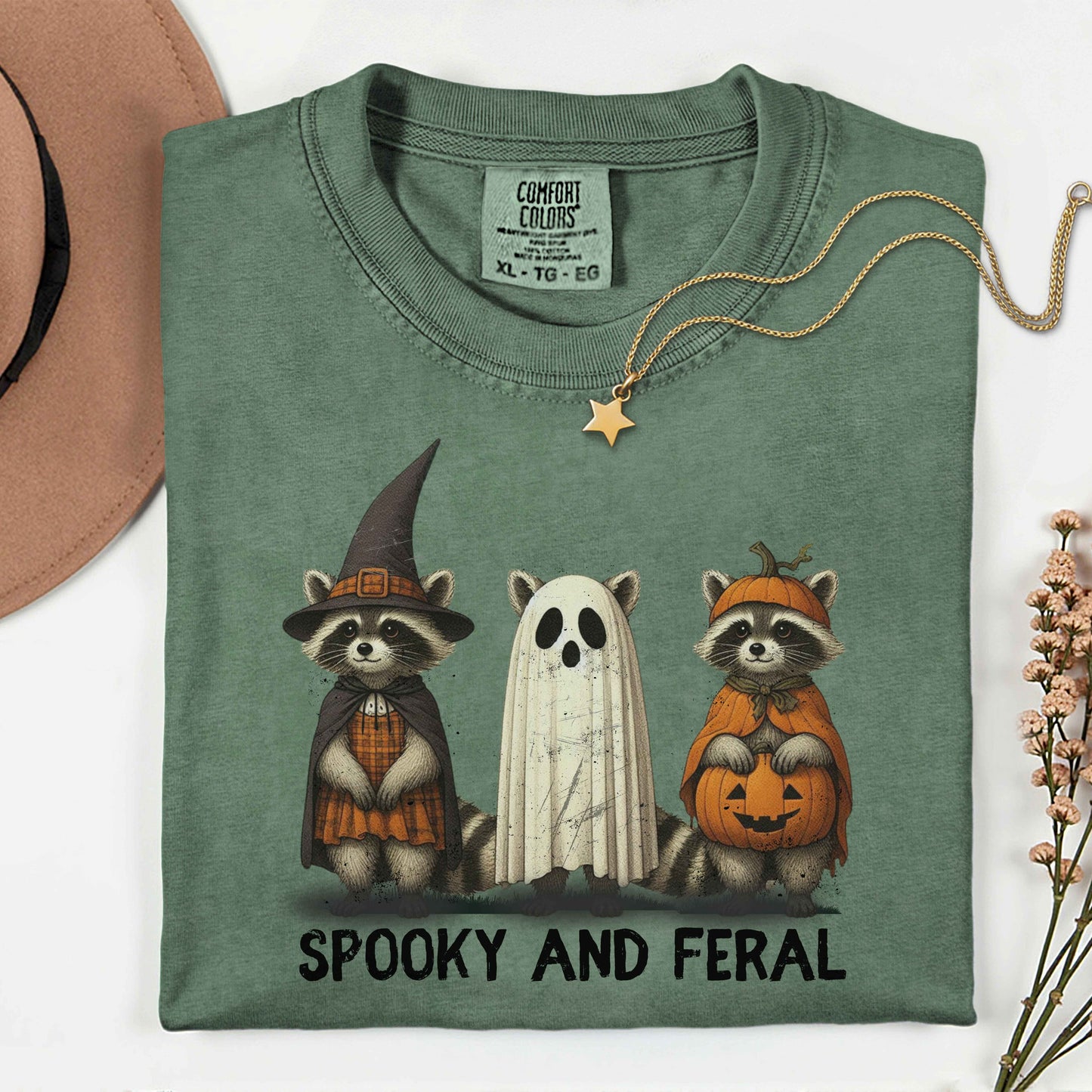 Whimsical Halloween Raccoons T-Shirt – Garment-Dyed Unisex Tee with Witch, Ghost & Pumpkin Design