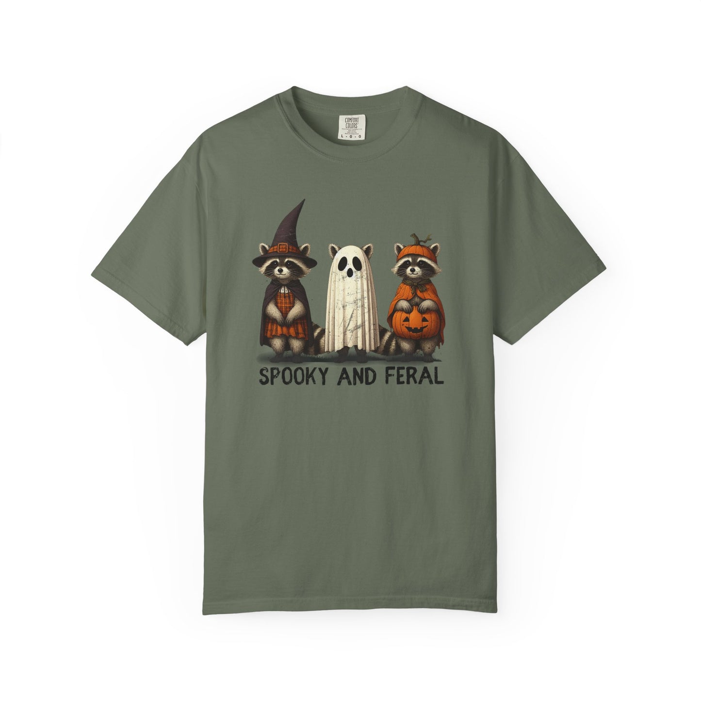 Whimsical Halloween Raccoons T-Shirt – Garment-Dyed Unisex Tee with Witch, Ghost & Pumpkin Design
