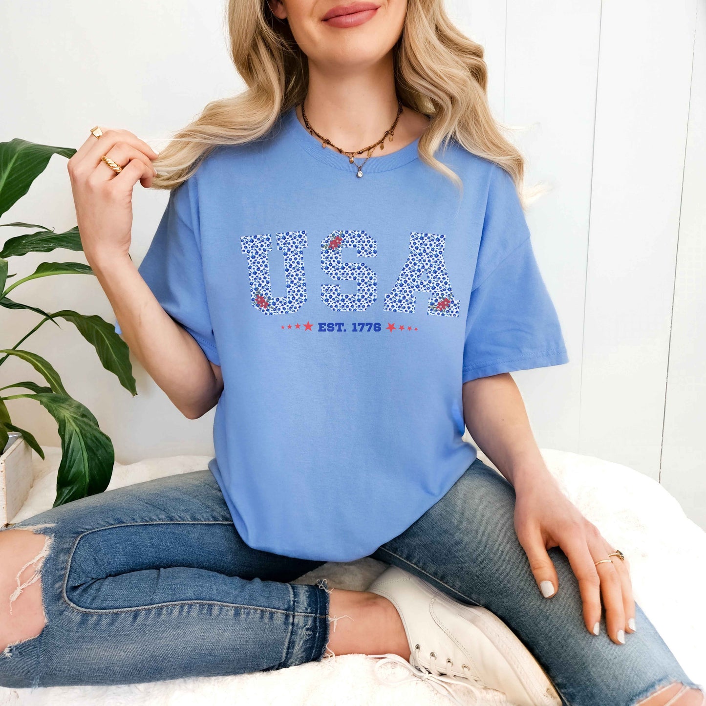 USA Est. 1776 Red, White, Blue Floral Graphic T-Shirt - Patriotic Casual Tee for Fourth of July