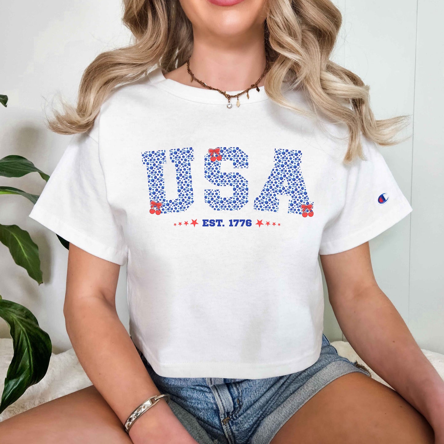 USA Cherries & Bows Cropped T-Shirt – Fun Patriotic Gift for Women