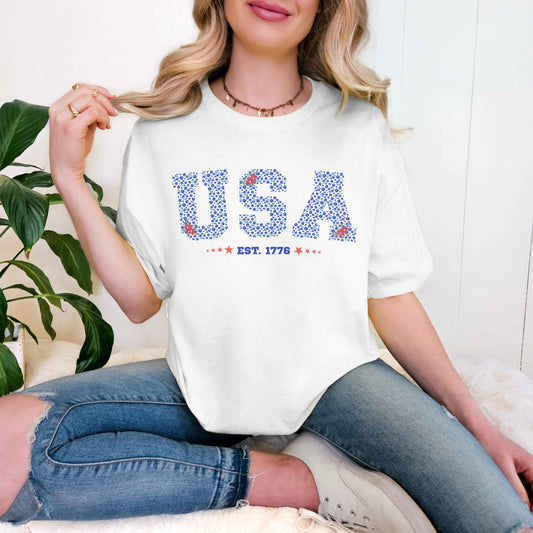 USA Est. 1776 Red, White, Blue Floral Graphic T-Shirt - Patriotic Casual Tee for Fourth of July