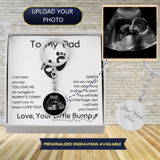 ultrasound photo keychain with cute message to Dad from bump