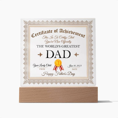 World's Greatest Dad Certificate - Square Acrylic Plaque